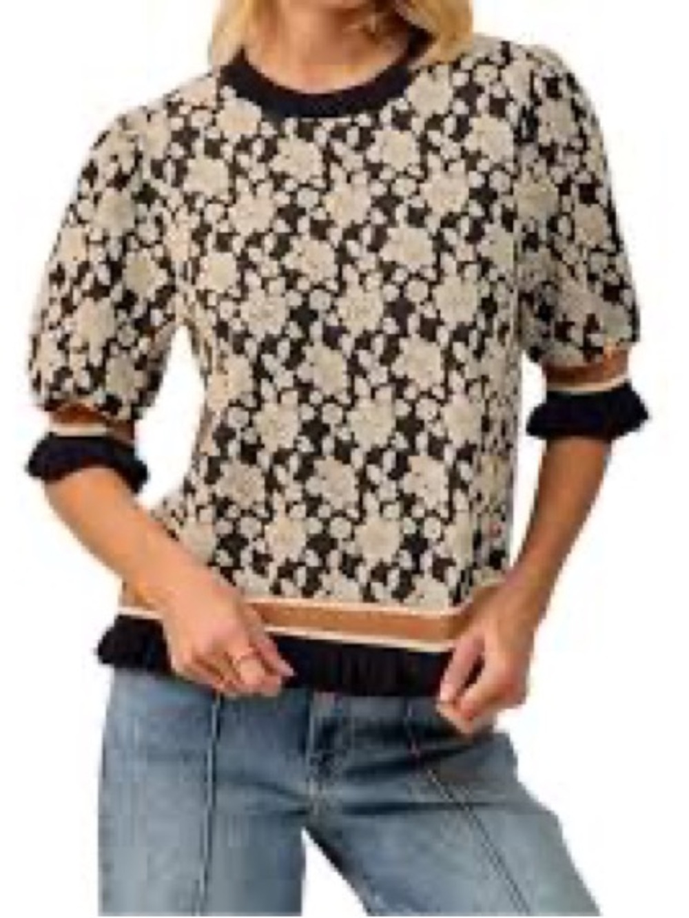 BiBi Black and Cream Floral Short Sleeve Sweater with Ruffle Trim